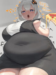 Rule 34 | 1girl, alternate body size, belly, black dress, blue eyes, blunt bangs, blush, breasts, cowboy shot, dress, drooling, fat, food, grey background, hair ornament, heart, heart-shaped pupils, highres, kizuna akari, large breasts, lying, on back, open mouth, oruka (kamituki0827), pizza, short sleeves, simple background, solo, sound effects, sweat, symbol-shaped pupils, taut clothes, thick thighs, thighs, translation request, voiceroid, white hair