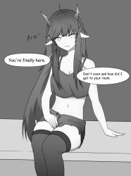 Rule 34 | 1girl, absurdres, arknights, authorium, english text, highres, horns, midriff, monochrome, pointy ears, short shorts, shorts, speech bubble, tank top, thighhighs, vigna (arknights)