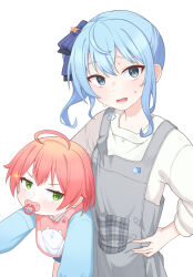 Rule 34 | 2girls, age difference, aged down, ahoge, alternate costume, apron, asymmetrical hair, bib, black ribbon, blue eyes, blue hair, blue ribbon, blue shirt, blush, child, eyelashes, feet out of frame, green eyes, grey apron, hair ribbon, hand on own hip, highres, hololive, hoshimachi suisei, long hair, long sleeves, looking at viewer, lower teeth only, medium hair, multiple girls, open mouth, pacifier, pink hair, puffy long sleeves, puffy sleeves, ribbon, sakura miko, shirt, side ponytail, simple background, sparkle, sweatdrop, teeth, ugaaaa1, upper body, virtual youtuber, white background, white shirt