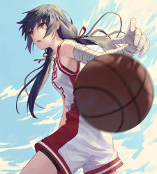 Rule 34 | 1girl, ball, bandaged arm, bandages, basketball, basketball (object), basketball uniform, bike shorts, black hair, blue sky, breasts, brown eyes, cloud, day, from side, hair ribbon, highres, kanbaru suruga, long hair, looking to the side, low twintails, monogatari (series), open mouth, red ribbon, ribbon, shorts, sky, solo, sportswear, standing, tesin (7aehyun), tomboy, twintails