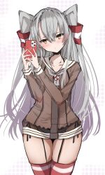 Rule 34 | 1girl, amatsukaze (kancolle), black panties, brown dress, brown eyes, cellphone, chigasaki yukari, choker, dress, garter straps, grey hair, grey neckerchief, hair tubes, highres, kantai collection, lifebuoy ornament, long hair, neckerchief, panties, phone, sailor dress, see-through, see-through dress, short dress, side-tie panties, simple background, solo, striped clothes, striped thighhighs, taking picture, thighhighs, two side up, underwear, white background