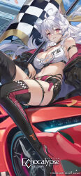 Rule 34 | 1girl, absurdres, ahoge, animal ear fluff, animal ears, arm strap, artist request, bikini, black choker, black footwear, black jacket, black shorts, boots, breasts, car, cerberus (echocalypse), checkered flag, choker, cleavage, copyright name, copyright notice, echocalypse, flag, grey hair, hair between eyes, high heel boots, high heels, highres, jacket, large breasts, logo, long hair, motor vehicle, navel, off shoulder, official art, on vehicle, pink eyes, race queen, second-party source, short shorts, shorts, sitting on car, sky, solo, sports car, swimsuit, thigh boots, thigh strap, white bikini