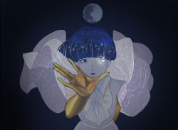 Rule 34 | absurdres, androgynous, arm behind back, bad id, bad tumblr id, blue eyes, blue hair, blunt bangs, dark background, gender request, heterochromia, highres, houseki no kuni, lapis lazuli (houseki no kuni), looking at viewer, matiruda, moon, other focus, outstretched arm, parted lips, phosphophyllite, simple background, solo, spoilers