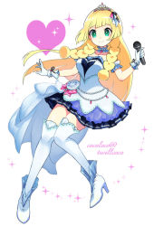 Rule 34 | 1girl, blonde hair, clock, cocoloco, cosplay, creatures (company), crossover, detached collar, dress, full body, game freak, green eyes, heart, high heels, holding, holding microphone, idol, idolmaster, idolmaster cinderella girls, idolmaster cinderella girls starlight stage, jewelry, lillie (pokemon), long hair, microphone, necklace, nintendo, parody, pearl necklace, pokemon, pokemon sm, simple background, solo, starry sky bright, tiara, twitter username, white background, white dress