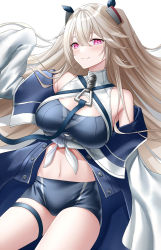 Rule 34 | 1girl, anchorage (azur lane), azur lane, bare shoulders, black shorts, blue coat, breasts, brown hair, cleavage, closed mouth, coat, collarbone, commentary, cowboy shot, crossed bangs, groin, hair between eyes, hair ornament, hand up, headgear, highres, large breasts, long hair, long sleeves, looking at viewer, midriff, naga (pixiv70891418), navel, off shoulder, purple eyes, short shorts, shorts, sidelocks, simple background, sleeveless, sleeves past fingers, sleeves past wrists, smile, solo, standing, taut clothes, thigh strap, twintails, very long hair, very long sleeves, white background, white coat