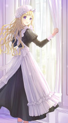 Rule 34 | 1girl, :d, apron, black dress, blonde hair, blue eyes, blush, commentary, curtains, day, dress, feet out of frame, floating hair, hat, highres, indoors, juliet sleeves, light blush, long hair, long sleeves, looking at viewer, maid, maid apron, mob cap, open mouth, original, pechi (peeechika), puffy sleeves, smile, solo, standing, sunlight, tile floor, tiles, very long hair, victorian maid, white hat, white legwear, window