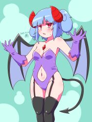 Rule 34 | 1girl, absurdres, bat wings, black thighhighs, blue hair, breasts, cleavage, clothing cutout, dated, demon girl, demon horns, demon tail, elbow gloves, gloves, green background, highres, horns, jinnouchi akira, kawashiro nitori, leotard, looking at viewer, medium breasts, navel, navel cutout, parted lips, purple gloves, purple leotard, red eyes, red horns, signature, standing, tail, thigh strap, thighhighs, touhou, twintails, wings