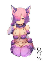 Rule 34 | 1girl, animal ears, bad id, bad pixiv id, blush, breasts, commentary request, elbow gloves, fate/grand order, fate (series), fur trim, gloves, hair over one eye, halloween costume, highres, large breasts, looking at viewer, mash kyrielight, mash kyrielight (dangerous beast), navel, official alternate costume, open mouth, purple eyes, purple gloves, purple hair, purple thighhighs, revealing clothes, short hair, simple background, solo, tail, thighhighs, user vsgc5584, white background, wolf ears, wolf tail