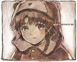 Rule 34 | 1girl, commentary, commentary request, copyright name, hair between eyes, hat, iwakura lain, looking at viewer, monochrome, sakino shingetsu, serial experiments lain, solo