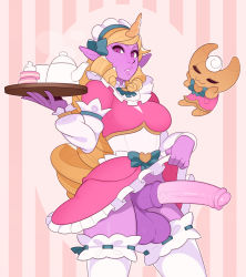 Rule 34 | 1futa, absurdres, animal penis, clothes lift, colored skin, erection, futanari, highres, horns, horse penis, league of legends, lifted by self, maid, maid headdress, newhalf, no panties, penis, pointy ears, purple eyes, purple skin, skirt, skirt lift, solo, soraka (league of legends), splashbrush, testicles, thighhighs, uncensored