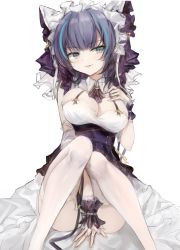 Rule 34 | 1girl, 7gao, absurdres, animal ears, ass, azur lane, bare shoulders, between legs, black hair, blue eyes, breasts, cat ears, cheshire (azur lane), cleavage, dress, fake animal ears, hand on own chest, headdress, highres, large breasts, looking at viewer, multicolored hair, purple dress, short hair, simple background, sitting, solo, streaked hair, thighhighs, tongue, tongue out, white background, white thighhighs
