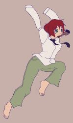 Rule 34 | 10s, 1girl, amputee, armless amputee, barefoot, double amputee, flat color, green eyes, katawa shoujo, mouth hold, necktie, no arms, paintbrush, pants, red hair, shirt, solo, tezuka rin
