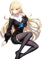 Rule 34 | 1girl, black jacket, black pantyhose, black skirt, blonde hair, breasts, brown eyes, closed mouth, commentary request, hair between eyes, hand up, highres, jacket, long hair, long sleeves, looking at viewer, medium breasts, mythra (xenoblade), no shoes, pantyhose, puffy long sleeves, puffy sleeves, ririko (zhuoyandesailaer), shirt, simple background, skirt, sleeveless, sleeveless shirt, sleeves past wrists, solo, thighband pantyhose, v-shaped eyebrows, very long hair, white background, white shirt, xenoblade chronicles (series), xenoblade chronicles 2