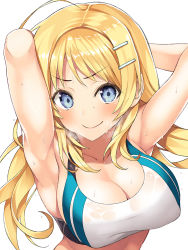 Rule 34 | 1girl, ahoge, armpits, arms up, blonde hair, blue eyes, blush, breasts, cleavage, closed mouth, collarbone, commentary request, covered erect nipples, hachimiya meguru, hair between eyes, hair ornament, hairclip, highres, idolmaster, idolmaster shiny colors, inuzumi masaki, large breasts, long hair, looking at viewer, low twintails, simple background, smile, solo, sports bra, steam, sweatdrop, track uniform, twintails, wet, white background