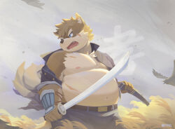 1boy absurdres bara belt blue_eyes dog_boy fangs furry furry_male grey_background highres holding holding_sheath holding_sword holding_weapon jacket male_focus moritaka_(housamo) open_clothes open_jacket open_mouth outdoors pectorals scar scar_on_chest scar_on_stomach seamonsterping sheath solo susuki_grass sword tokyo_houkago_summoners weapon