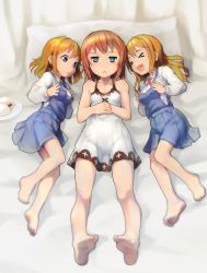 Rule 34 | &gt; &lt;, 10s, 3girls, :&lt;, :d, bare shoulders, barefoot, blanc (neptunia), blonde hair, blue eyes, breast envy, brown hair, dress, expressionless, closed eyes, feet, full body, hands on stomach, legs, long sleeves, looking at viewer, lying, md5 mismatch, multiple girls, neptune (series), on back, on side, open mouth, pillow, ram (neptunia), revision, rom (neptunia), segamark, short hair, siblings, sisters, sleeveless, sleeveless dress, smile, soles, toes, twins, white dress