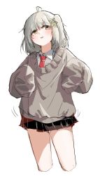 Rule 34 | 1girl, absurdres, ahoge, alternate costume, arknights, black skirt, brown eyes, collared shirt, commentary request, cropped legs, grey hair, grey sweater, head tilt, highres, korean commentary, long hair, long sleeves, looking at viewer, necktie, one side up, parted lips, pleated skirt, polyvora, red necktie, scene (arknights), shirt, simple background, skirt, sleeves past fingers, sleeves past wrists, solo, sweater, white background, white shirt