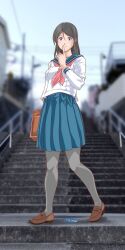 Rule 34 | 1girl, absurdres, bag, black hair, blue eyes, blue sailor collar, blue skirt, blurry, brown footwear, cityscape, depth of field, finger to mouth, full body, grey pantyhose, highres, holding, holding bag, index finger raised, loafers, long hair, looking at viewer, neckerchief, original, outdoors, pantyhose, pleated skirt, red neckerchief, sailor collar, school uniform, serafuku, shirt, shoes, skirt, solo, stairs, standing, white shirt, yukikaze (isamiashi)