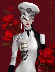 Rule 34 | 1girl, absurdres, black hair, blue eyes, constricted pupils, contrapposto, cross, cross earrings, dadachyo, earrings, eyelashes, eyeshadow, flower, hair over shoulder, hat, hat over one eye, highres, jewelry, lips, lipstick, long hair, looking at viewer, makeup, military hat, narrow waist, necktie, nose, original, pale skin, peaked cap, photoshop (medium), red background, red flower, red lips, red rose, rose, single earring, solo, standing