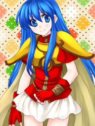 Rule 34 | 1girl, 74, argyle, argyle background, argyle clothes, armor, armored dress, blue eyes, blue hair, blush, bracelet, cape, clenched hand, dress, eirika (fire emblem), female focus, fingerless gloves, fire emblem, fire emblem: the sacred stones, gloves, hair between eyes, head tilt, jewelry, legs, long hair, looking at viewer, matching hair/eyes, nintendo, red dress, red gloves, simple background, skirt, smile, solo, standing, white skirt, wristband