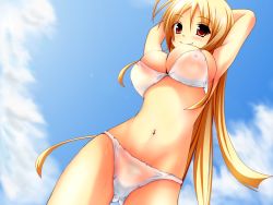 Rule 34 | 1girl, armpits, arms up, bikini, blonde hair, blush, breasts, cleavage, cloud, covered erect nipples, day, from below, highres, large breasts, long hair, navel, original, paradise king, red eyes, skindentation, sky, smile, solo, swimsuit, very long hair, wet, white bikini