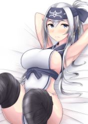Rule 34 | 10s, 1girl, ainu, ainu clothes, armpits, arms behind head, bandana, bed, black thighhighs, blue eyes, blush, breasts, closed mouth, commentary request, dress, folded ponytail, headband, kamoi (kancolle), kantai collection, large breasts, long hair, looking at viewer, lying, on back, ootori subaru, sideboob, sidelocks, sleeveless, sleeveless dress, solo, thighhighs, white dress, white hair