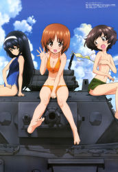 Rule 34 | 10s, 3girls, :d, :o, absurdres, accidental exposure, akiyama yukari, barefoot, bikini, black hair, blush, breasts, brown hair, cleavage, cloud, covered navel, covering privates, covering breasts, day, embarrassed, feet, girls und panzer, gym shorts, hairband, highres, legs, long hair, medium breasts, megami magazine, military, military vehicle, motor vehicle, multiple girls, navel, nishizumi miho, non-web source, official art, on vehicle, one-piece swimsuit, open mouth, orange hair, panzer iv, panzer iv, reizei mako, school swimsuit, short hair, shorts, sky, small breasts, smile, sugimoto isao, swimsuit, tank, toes, topless, unworn bikini top, vehicle, wardrobe malfunction, waving