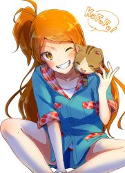 Rule 34 | 1girl, animal, animal on shoulder, bare legs, blue jacket, blue sleeves, blush, buttons, cat, commentary request, eyelashes, feet out of frame, fingernails, grin, hood, hood down, hooded jacket, idolmaster, idolmaster million live!, jacket, kitten, looking at viewer, ogami tamaki, one eye closed, one side up, orange eyes, plaid, pocket, red hood, romaji text, short sleeves, simple background, sitting, smile, solo, speech bubble, two-sided hood, white background, witoi (roa)