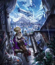 Rule 34 | 1girl, aircraft, airship, blonde hair, book, boots, bottle, breasts, cabinet, candle, cape, city, cleavage, commentary, commission, cup, curtains, drinking glass, flower, glasses, glynda goodwitch, green eyes, hair bun, highres, instrument, pantyhose, piano, river, rwby, sa-dui, sitting, solo, vase, window, wine bottle, wine glass