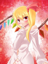 Rule 34 | 1girl, asymmetrical hair, bad id, bad pixiv id, bare shoulders, blonde hair, blush, bow, bow panties, crystal, female focus, finger to mouth, flandre scarlet, kuon846, kuon yashiro, panties, ponytail, red eyes, ribbon, side ponytail, solo, touhou, underwear, wings