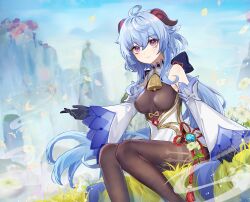 Rule 34 | 1girl, absurdres, ahoge, anqing, bare shoulders, bell, black gloves, blue hair, blue sky, bodystocking, breasts, detached sleeves, dress, dutch angle, feet out of frame, ganyu (genshin impact), genshin impact, gloves, goat horns, grass, hair between eyes, hand up, highres, horns, long hair, looking at viewer, medium breasts, mountain, neck bell, on grass, purple eyes, sidelocks, sitting, sky, smile, solo, white dress, white sleeves