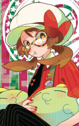 Rule 34 | 00s, 1girl, bad id, bad pixiv id, bespectacled, brown eyes, brown hair, cabbie hat, candy, creatures (company), food, game freak, gen 3 pokemon, glasses, gulpin, hair ornament, hairclip, hat, lollipop, lyra (pokemon), necktie, nintendo, pokemon, pokemon (creature), pokemon hgss, pomeko, twintails
