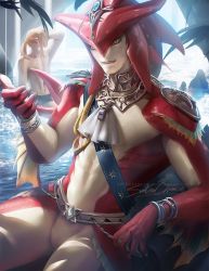 Rule 34 | 2boys, blonde hair, day, fins, fish boy, gills, hair ornament, jewelry, link, looking at viewer, male focus, monster boy, multiple boys, muscular, nintendo, pointy ears, ponytail, sakimichan, sharp teeth, sidon, teeth, the legend of zelda, the legend of zelda: breath of the wild, water, yellow eyes