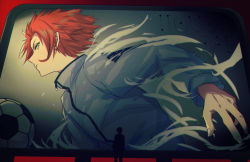 Rule 34 | 1boy, ball, blue lock, character name, clothes writing, fingernails, from side, green eyes, isagi yoichi, itoshi sae, jacket, kotomeiro, long sleeves, looking at viewer, male focus, poster (object), profile, red hair, short hair, silhouette, soccer ball, solo, standing, upper body, visible air, white jacket, zipper pull tab