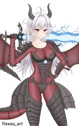 Rule 34 | 1girl, armor, armored boots, black armor, black scales, blush, boots, breastplate, breasts, dragon girl, dragon horns, dragon tail, dragon wings, electricity, faulds, gauntlets, highres, holding, holding sword, holding weapon, horns, knight, long hair, looking at viewer, monster girl, original, pauldrons, pointy ears, red eyes, scales, shoulder armor, slit pupils, smile, solo, sword, tail, twitter username, vambraces, weapon, white background, wings, yissou art