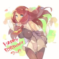 Rule 34 | 1girl, 2019, alternate costume, arms behind back, bare shoulders, birthday, blazblue, blue eyes, blush, breasts, cowboy shot, english text, flower, hair flower, hair ornament, hair tubes, happy birthday, hyakuhachi (over3), l.t (artist), leaning forward, leggings, long hair, looking at viewer, medium breasts, necktie, pantyhose, simple background, solo, standing, tsubaki yayoi, uniform