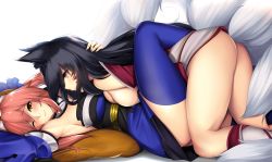 Rule 34 | 10s, 2girls, ahri (league of legends), animal ears, armpits, ass, bare shoulders, bell, black hair, blue thighhighs, blush, breasts, cleavage, collar, crossover, detached sleeves, facial mark, fate/extra, fate/extra ccc, fate (series), female focus, fox ears, fox tail, graphite (medium), hair ribbon, japanese clothes, korean clothes, large breasts, league of legends, lips, long hair, looking at another, lying, multiple girls, multiple tails, neck bell, nib pen (medium), on back, on stomach, one eye closed, parted lips, pink hair, ribbon, slit pupils, smile, tail, tamamo (fate), tamamo no mae (fate/extra), thighhighs, thighs, tony guisado, traditional media, trait connection, type-moon, whisker markings, yellow eyes, yuri
