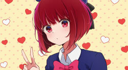 Rule 34 | 1girl, absurdres, arima kana, beret, black bow, blue hat, blue jacket, bow, brown background, closed mouth, collared shirt, commentary request, hand up, hat, heart, highres, jacket, looking at viewer, oshi no ko, osisio, partial commentary, pink bow, red eyes, red hair, shirt, short hair, solo, upper body, v, white shirt