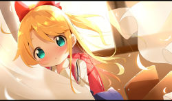 Rule 34 | 1girl, :o, aqua eyes, backlighting, backpack, bag, blonde hair, blue dress, blurry, blurry background, blush, bow, chair, commentary request, curtains, depth of field, desk, dress, envelope, feathers, hair between eyes, hair bow, hand up, heart, high ponytail, highres, himesaka noa, indoors, letter, long hair, long sleeves, looking at viewer, love letter, makuran, parted lips, ponytail, randoseru, red bow, sailor collar, sailor dress, school chair, school desk, school uniform, shirt, sleeveless, sleeveless dress, sleeves past wrists, solo, sunlight, very long hair, watashi ni tenshi ga maiorita!, white sailor collar, white shirt, window