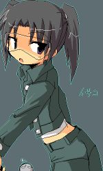 Rule 34 | 00s, 1girl, :o, amasawa yuuko, black hair, blouse, brown eyes, brown hair, buttons, collared jacket, cowboy shot, dennou coil, goggles, green jacket, green outline, green pants, grey background, jacket, jaggy lines, long sleeves, looking to the side, lowres, medium hair, oekaki, open clothes, open jacket, open mouth, outline, pants, parted bangs, ponytail, shirt, simple background, solo, tsurime, twintails, unbuttoned, white shirt