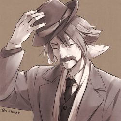 Rule 34 | 1boy, animal ears, aquaplus, facial hair, fedora, formal, genho (utawarerumono), hat, highres, holding, holding clothes, holding hat, long sleeves, looking at viewer, monochrome, mustache, one eye closed, re 19nago, short hair, sidelocks, suit, upper body, utawarerumono, utawarerumono: futari no hakuoro
