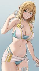 Rule 34 | 1girl, amayo thranana, bikini, blonde hair, blush, breasts, cosplay, eunie (xenoblade), eunie (xenoblade) (cosplay), fiora (xenoblade), green eyes, highres, large breasts, long hair, looking at viewer, navel, open mouth, short hair, simple background, smile, solo, swimsuit, xenoblade chronicles (series), xenoblade chronicles 1, xenoblade chronicles 3