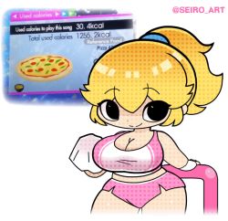 Rule 34 | 1girl, animated, animated gif, breasts, cleavage, dance dance revolution, dolphin shorts, dot nose, english text, eyes visible through hair, large breasts, leaning forward, looking at viewer, mario (series), midriff, nintendo, princess peach, seiro, shiny clothes, shiny skin, short shorts, shorts, sidelocks, skindentation, solo, standing, super mario bros. 1
