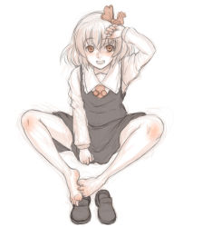 Rule 34 | 1girl, barefoot, feet, feet together, full body, hair ribbon, highres, kuro suto sukii, long sleeves, looking at viewer, open mouth, ribbon, rumia, shirt, shoes, unworn shoes, simple background, sitting, sketch, skirt, skirt set, smile, solo, toes, touhou, vest, white background