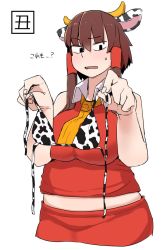Rule 34 | 1girl, alternate eye color, animal ears, animal print, archived source, bad id, bad twitter id, bikini, black eyes, breasts, chinese zodiac, closed mouth, commentary request, cookie (touhou), cow ears, cow horns, cow print, cowboy shot, fake animal ears, fake horns, hair tubes, hakurei reimu, highres, holding, holding clothes, holding swimsuit, horns, large breasts, necktie, ohasi, plump, print bikini, red shirt, red skirt, reu (cookie), shirt, short hair with long locks, sidelocks, simple background, skirt, skirt set, sleeveless, sleeveless shirt, solo, swimsuit, touhou, white background, year of the ox, yellow necktie