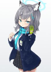 Rule 34 | 1girl, animal ear fluff, animal ears, black jacket, black skirt, blazer, blue archive, blue eyes, blue halo, blue necktie, blue scarf, breasts, cowboy shot, cross hair ornament, extra ears, gloves, gradient background, green gloves, grey hair, hair between eyes, hair ornament, halo, highres, jacket, long sleeves, looking at viewer, medium breasts, medium hair, mg42cat-k1ng, mismatched pupils, necktie, open clothes, open jacket, open mouth, pleated skirt, scarf, shiroko (blue archive), shirt, single glove, skirt, solo, white shirt, wolf ears
