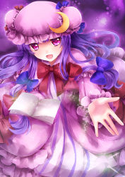 Rule 34 | 1girl, blush, book, bow, crescent, crescent hair ornament, double bun, hair bow, hair ornament, hat, long hair, looking at viewer, open mouth, outstretched hand, patchouli knowledge, purple eyes, purple hair, sakura ran, solo, sparkle, touhou
