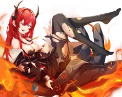 Rule 34 | 1girl, ;d, arknights, bare shoulders, black dress, black jacket, black pantyhose, breasts, burnt clothes, cleavage, dress, drive shot, fire, from side, full body, highres, holding, horns, jacket, large breasts, legs up, long hair, long sleeves, looking at viewer, looking to the side, no shoes, one eye closed, open clothes, open jacket, open mouth, pantyhose, purple eyes, red hair, simple background, smile, solo, surtr (arknights), torn clothes, torn pantyhose, very long hair, waving, white background