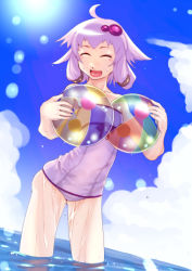 Rule 34 | 1girl, ahoge, ass, ball, beachball, blue sky, blush, closed eyes, cloud, collarbone, day, flat chest, hair ornament, highres, holding, light blush, open mouth, purple hair, sexually suggestive, short hair with long locks, skindentation, sky, smile, solo, soon (c-u-soon), strapless, strapless one-piece swimsuit, swimsuit, thighs, vocaloid, wading, water, wet, yuzuki yukari
