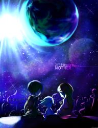 Rule 34 | 1boy, 1girl, alien, anniversary, bad id, bad pixiv id, black hair, blonde hair, blue eyes, building, chibi, child, city, copyright name, dated, earth (planet), family, from behind, george (mother), giygas, happy, haren, highres, house, lens flare, light, long hair, looking back, mother (game), mother 1, nintendo, planet, queen mary, sitting, sky, smile, space, star (sky), starry sky, tail, aged down